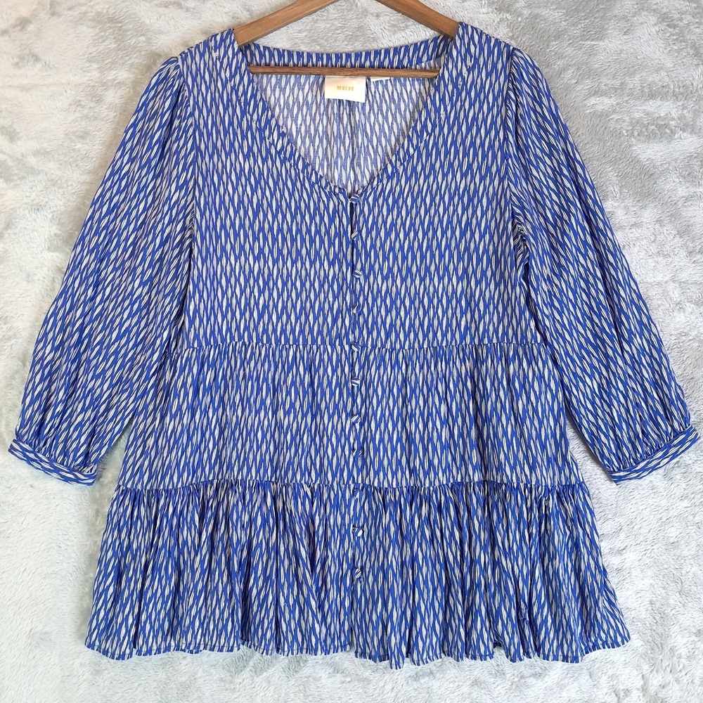 Anthropologie Maeve Lila Tiered Tunic Top Blue White Abstract Boho Blouse Size L